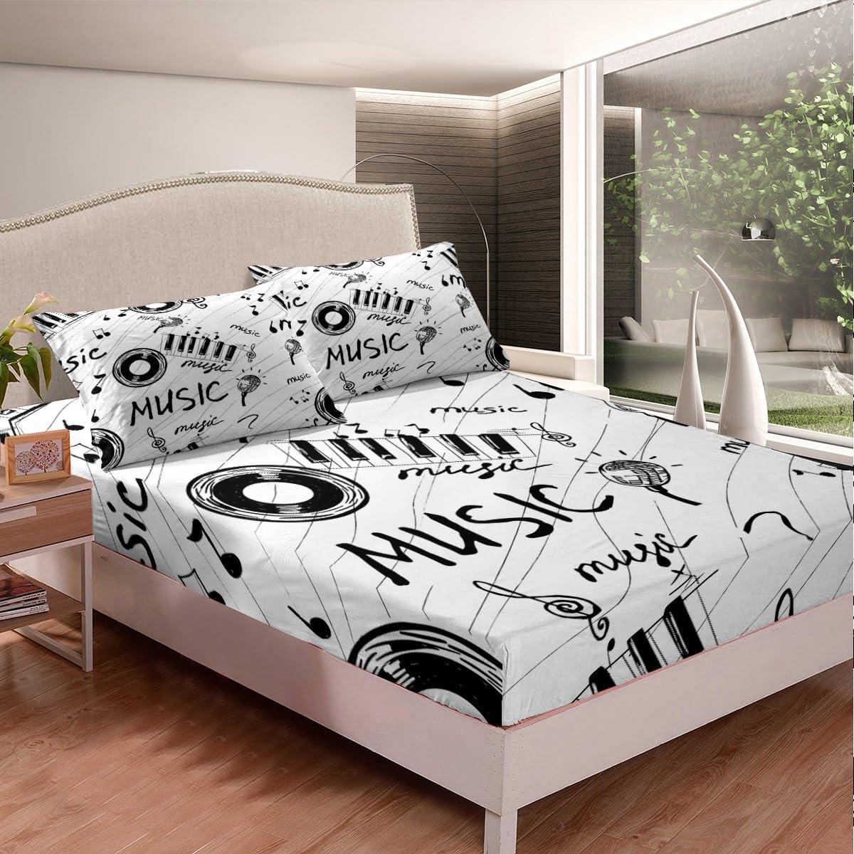 Music Note Bedding Set - Black & White, Boys & Girls, Fitted Sheet & Bed Cover, Retro Music & Microphone, Vinyl Records, Full Size 4Pcs