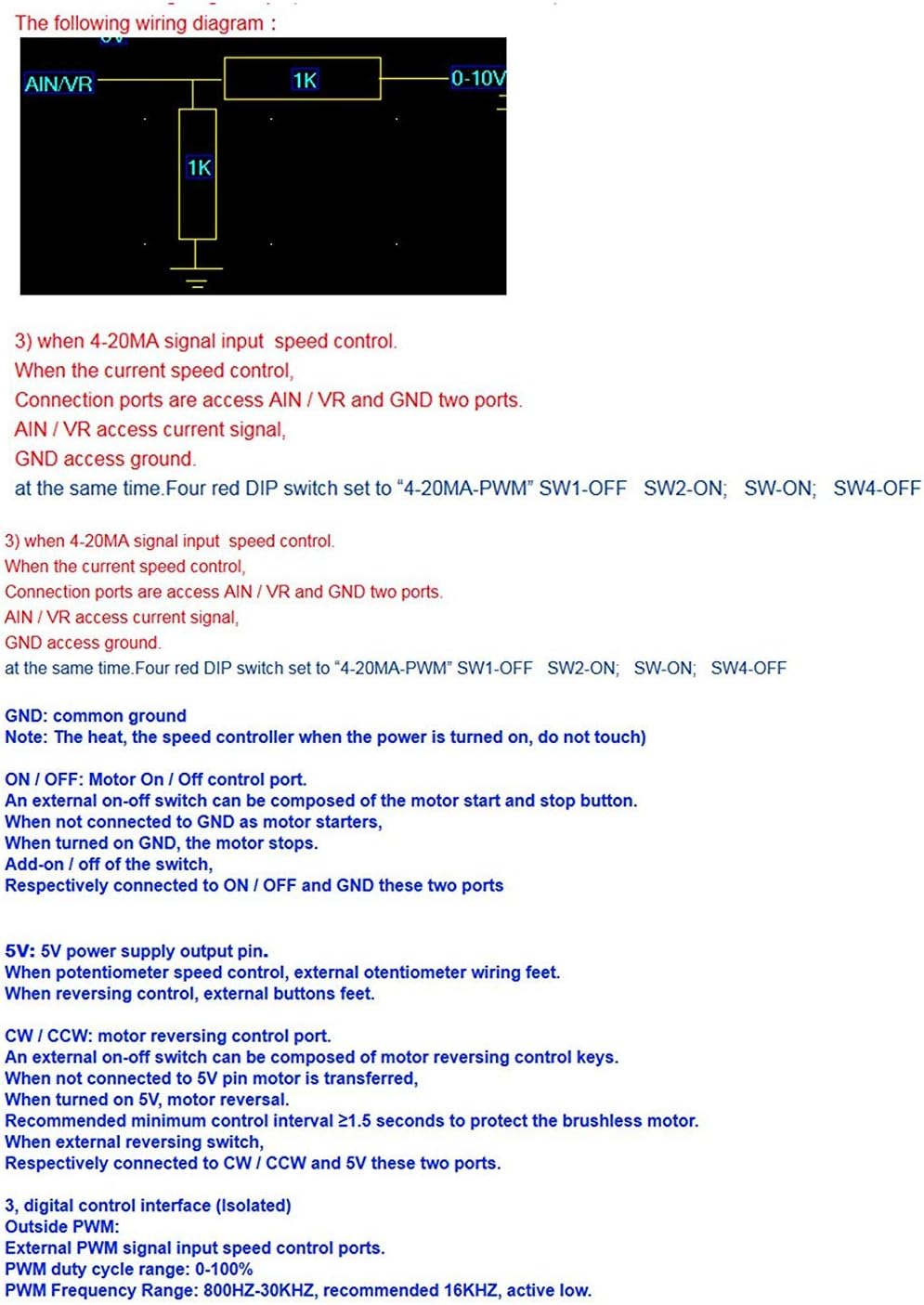 Wiring diagram for Jolooyo DM103AH DC motor speed controller showing connections for AIN/VR, GND, and a 1K potentiometer.