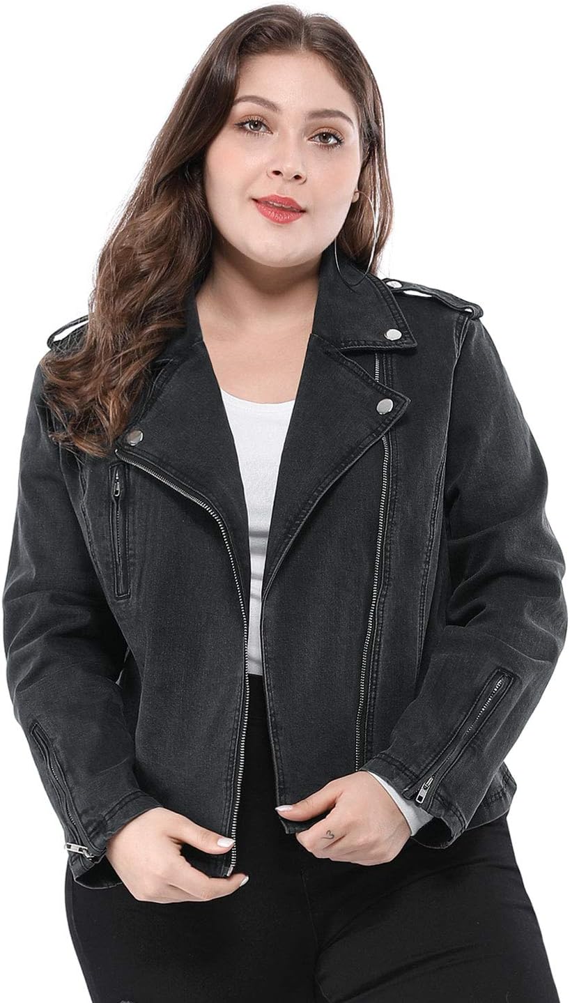 Agnes Orinda Women's Plus Size Denim Jackets Collar Inclined Zip Closure Biker Moto Jacket 2024