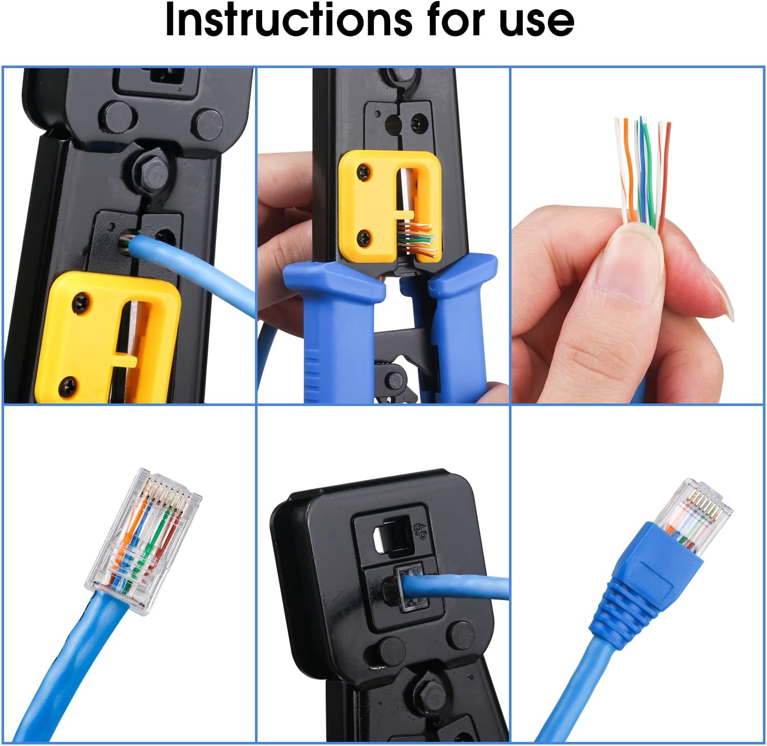 RJ45 Crimping Tool Kit Ethernet Crimp Tool Set, CAT5 Cat5e Cat6 Crimper Stripper Cutter All-in-One Tool with 20PCS Connectors, 20PCS Covers, Network Cable Tester, Mini Wire Stripper and Blades image 4