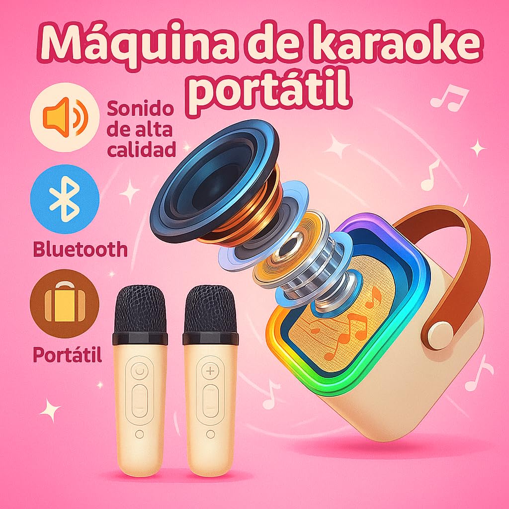 Karaoke con 2 micrófono inalámbricos. Mini Karaoke Infantil para niños. Bluetooth portátil con Altavoz y Luces LED y Efectos de Voz. Regalo para niños y Adultos
