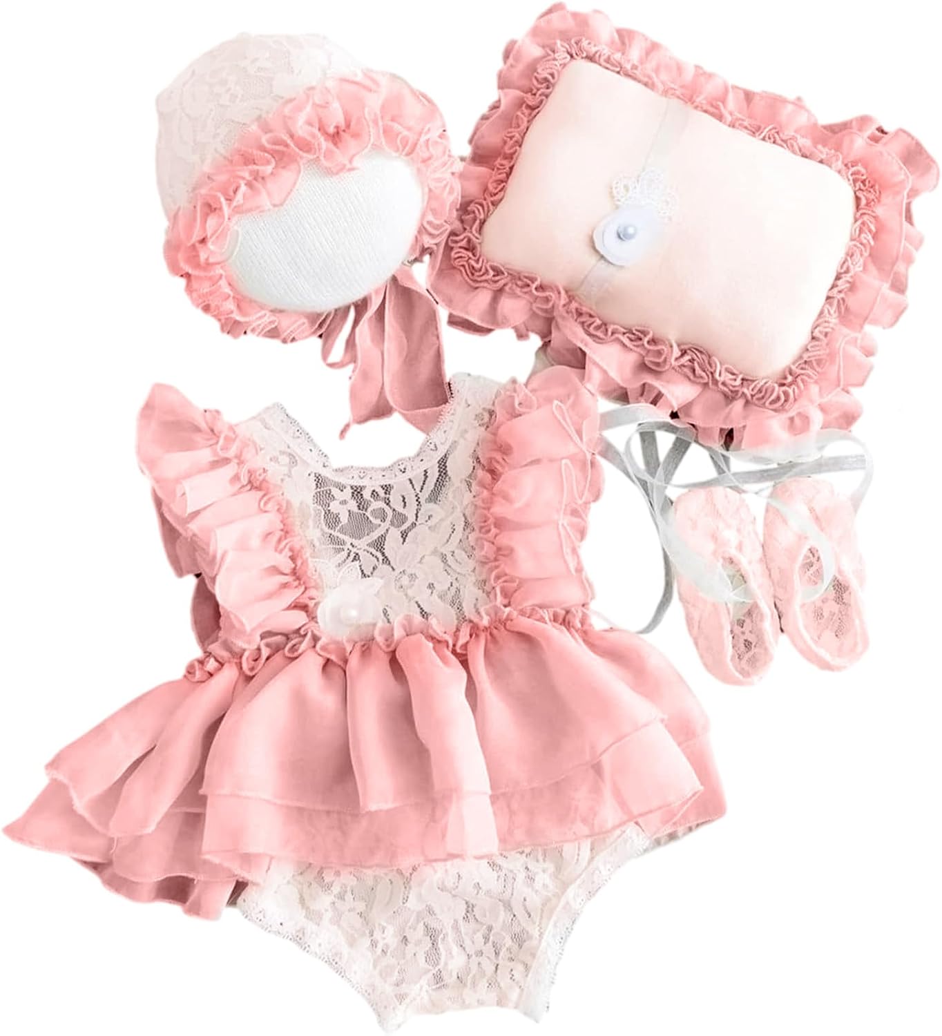Yuehuam Newborn Photography Prop Girl Outfits Baby Lace Romper Hat Pillow Shoes set Infant Photoshoot Skirt Clothes