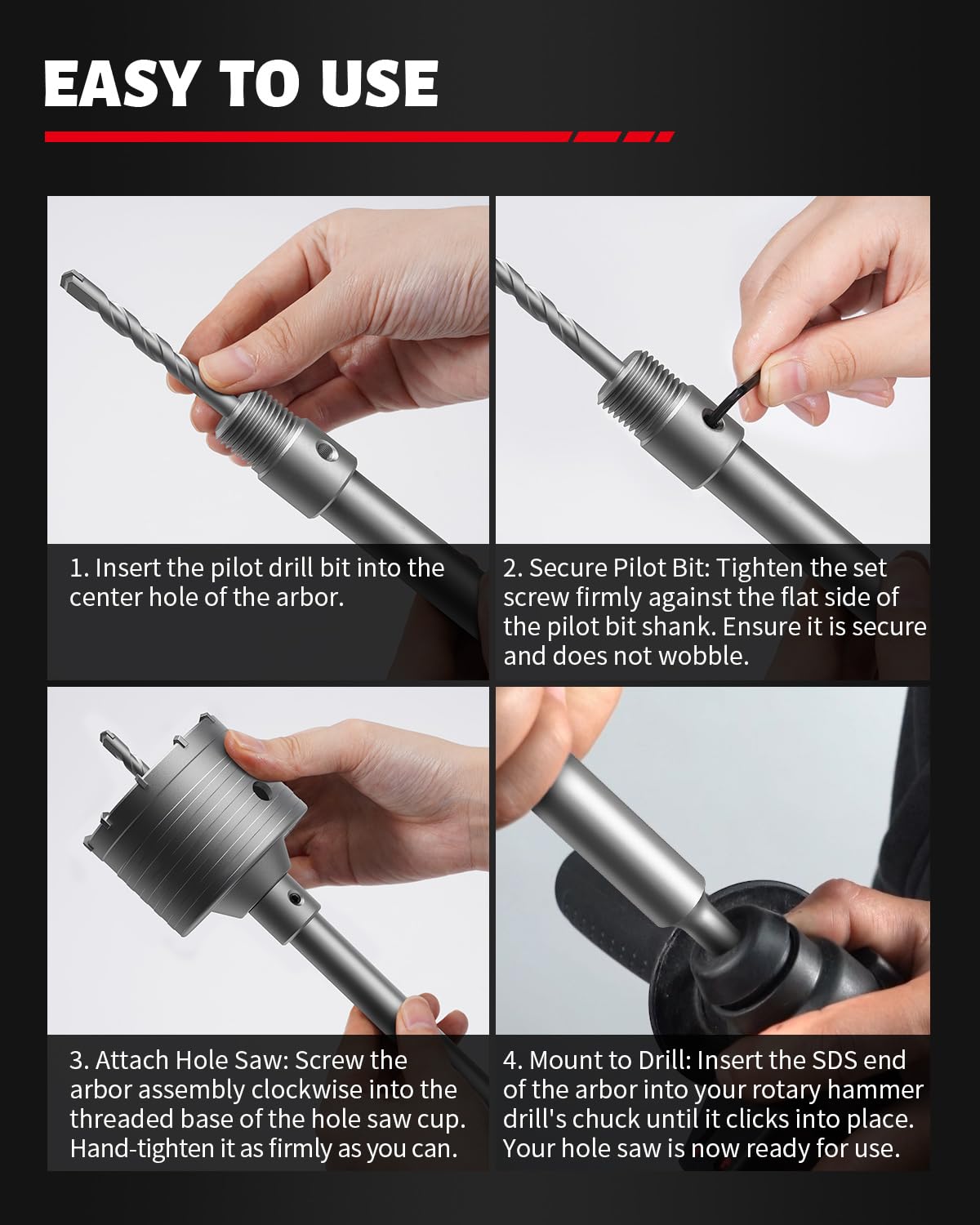 DAYDOOR Concrete Hole Saw Kit, 10-Piece Masonry Hole Saw Kit SDS Plus & SDS Max Shank Adapter, 1-3/16", 1-9/16", 2-9/16", 3-1/8", 4" Core Drill Bits Set for Brick, Cement Wall, and Stone