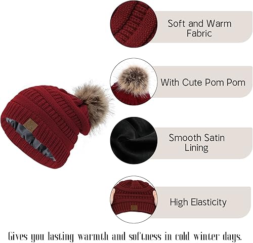 Miniatura 5 de American Trends Gorros de invierno para mujer, gorro holgado con forro de satén y pompón cálido de punto trenzado para nieve
