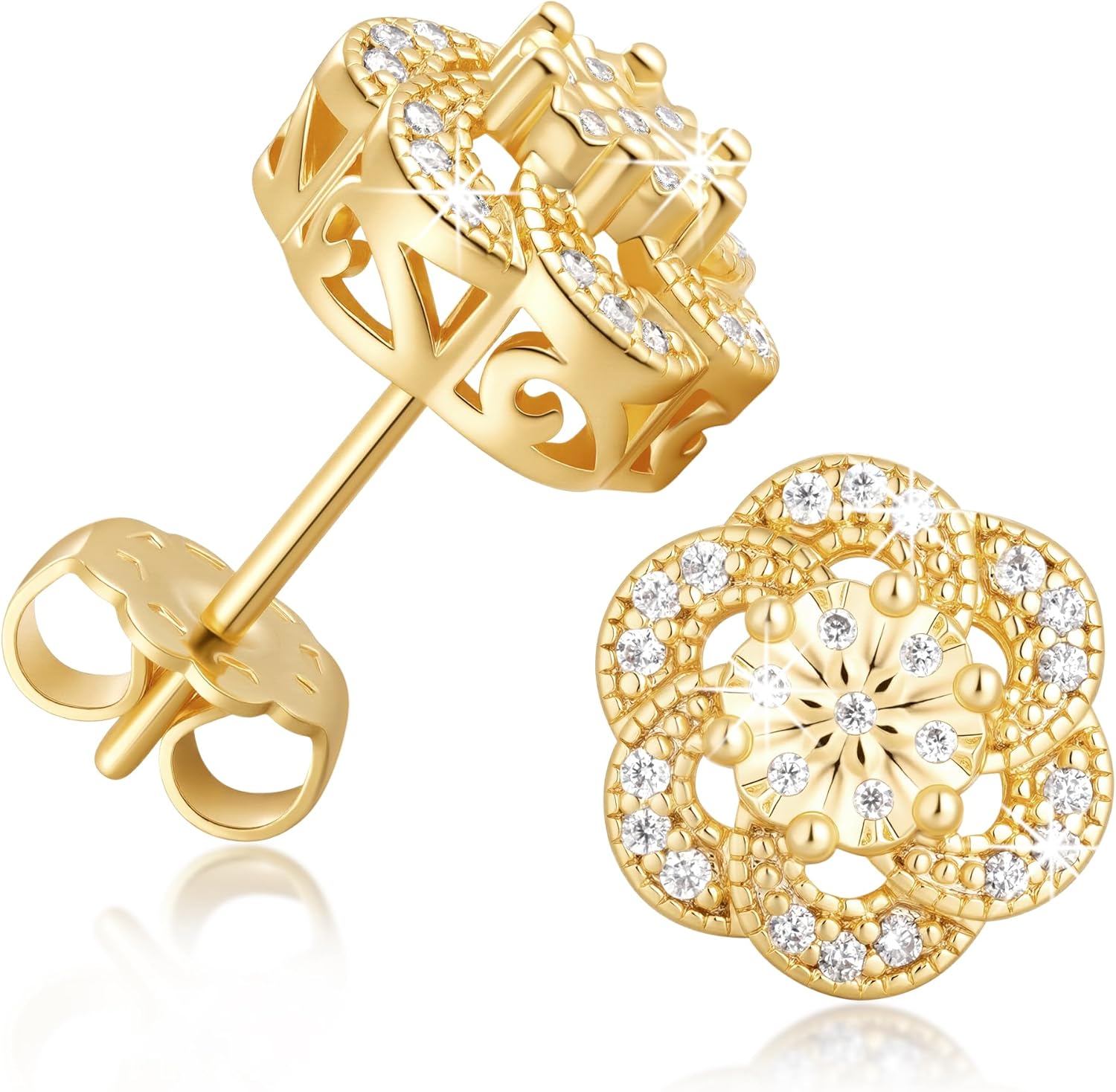 14K Gold Earrings for Women Gold Studs Earrings for Women Cubic Zirconia Stud Earring for Womens Stud Sweet and Gentle Flower Design Studs Earring for Womens 8/10mm