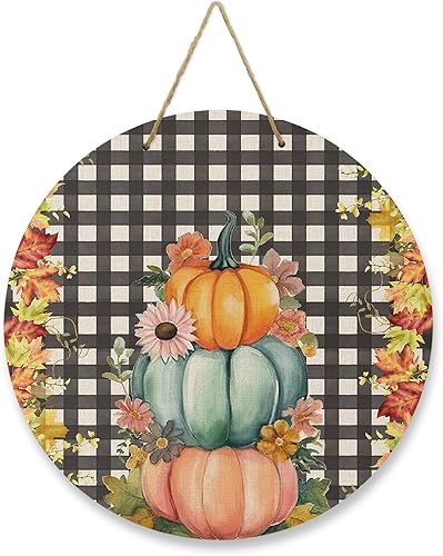 Miniatura 1 de Seasonal Front Door Welcome Sign, Pumpkin Thanksgiving Floral Maple Leaf Round Wood Wreaths Wall Hanging Sign for Outdoor Porch Wall Pediments Home