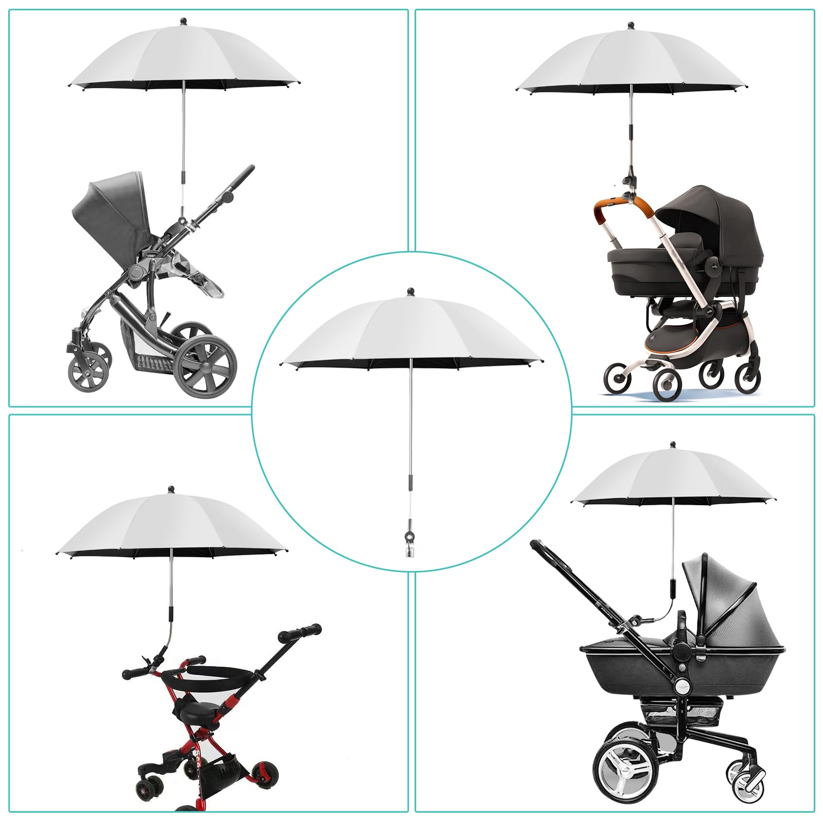 Sombrilla para cochecito y silla de paseo, protección UV 50 + / 75 cm de diámetro, protección solar universal, paraguas con abrazadera de metal, soporte para tubos redondos y ovalados, paraguas