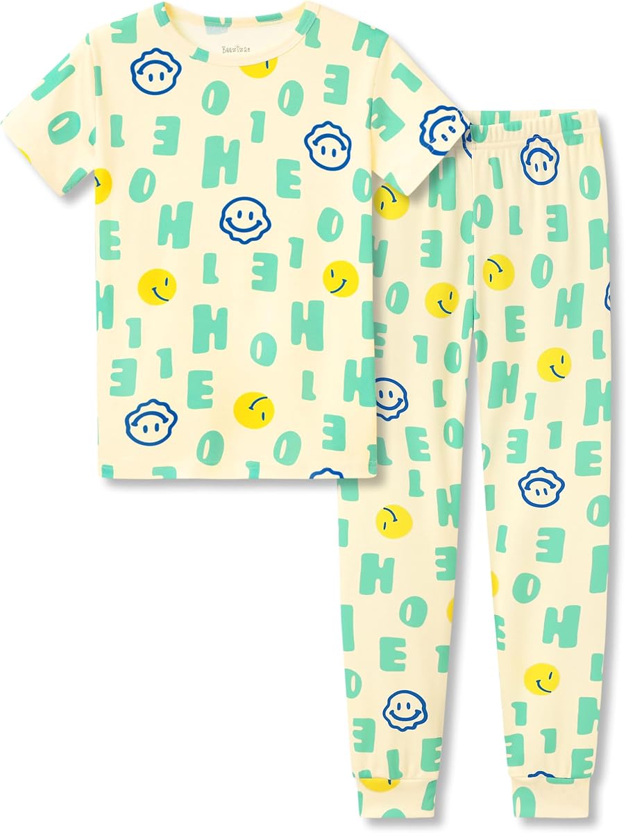 Beezizac Pijamas para niños Conjunto de manga corta con estampado fresco y ajuste ceñido Talla 4T-14 | Mezcla de poliéster suave, camiseta ajustada de manga corta con cuello redondo, pantalones de cintura elástica, ropa de dormir de 2 piezas para niños pequeños, pequeños y grandes