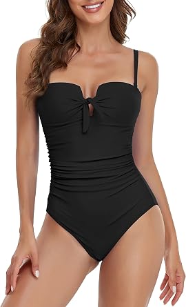 Upopby Womens Bandeau One Piece Swimsuits Tummy Control Bathing Suit for Women Strapless Slimming Push Up Plus Size Swimwear