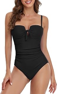 Upopby Women's Bandeau One Piece Swimsuits Tummy Control Bathing Suit for Women Strapless Slimming Push Up Plus Size Swimwear