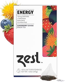 Zest Energy Green Tea - Superberry Samba - High Caffeine Strawberry, Acai, & Passion Fruit Tea - Caffeinated Coffee Altnernative with Antioxidants - Natural, Non-GMO & Keto - 15Ct Box - 135mg Caf