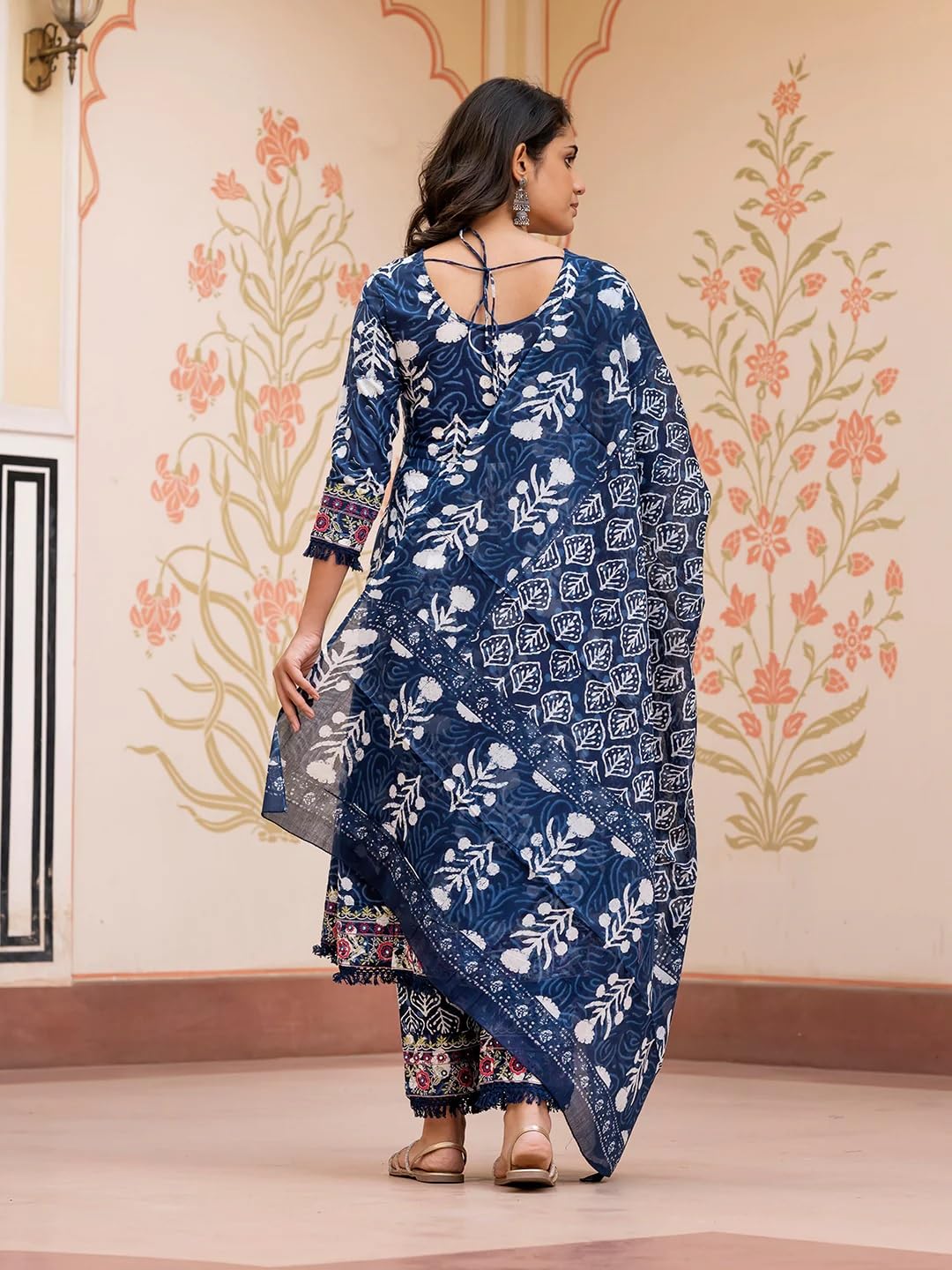 INDACORIFY Indisches Kurti aus bedruckter Baumwolle, schönes Kleid mit Blumendruck und Dupatta-Hose für Damen in Übergröße, Anarkali-Anzug
