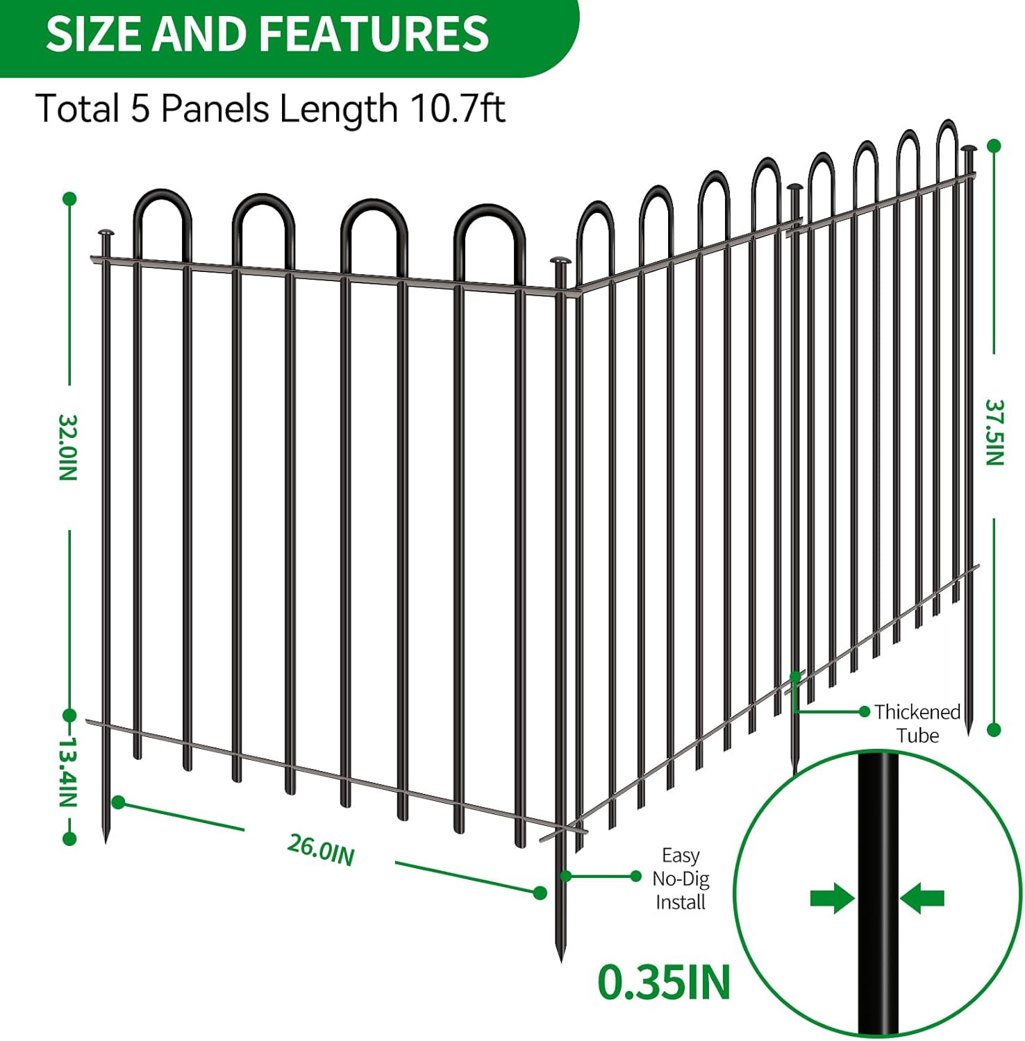 5 Panels Decorative Garden Fence with Gate, 32 in (H) x 10.8 ft (L) Metal Thick Tube No Dig Dog Fence Outdoor for Yard, Rustproof Tall Animal Barrier Fencing, Garden Edging Border for Yard, Patio