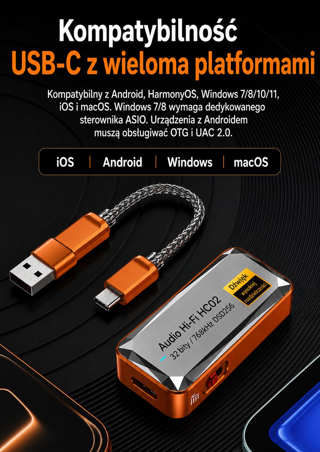 USB C DAC wzmacniacz słuchawkowy, CS43198 HiFi dongle DAC z wyjściem 3,5 mm i 4,4 mm, przenośny DAC AMP, DSD256 32bit/768kHz do IEM, słuchawek, laptopa i PC,pomarańczowy | USB C DAC z CS43198, Hi-Res, 3,5 mm i 4,4 mm