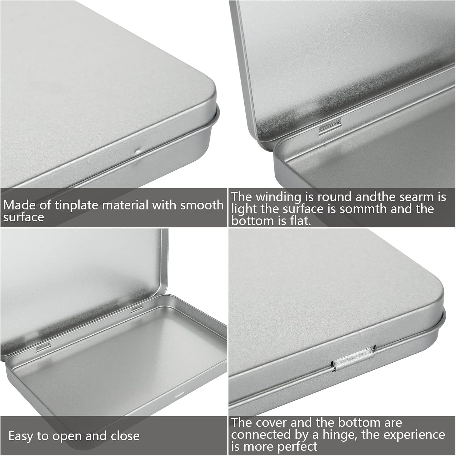 DAJAVE 6 Pack Metal Rectangular Hinged Tin Box Container, Sliver Tin Empty Box with Lid, Mini Tin Containers for Watercolor, Jewelry, Makeup, Candy, Craft Organize(4.2x7x0.6 Inch)