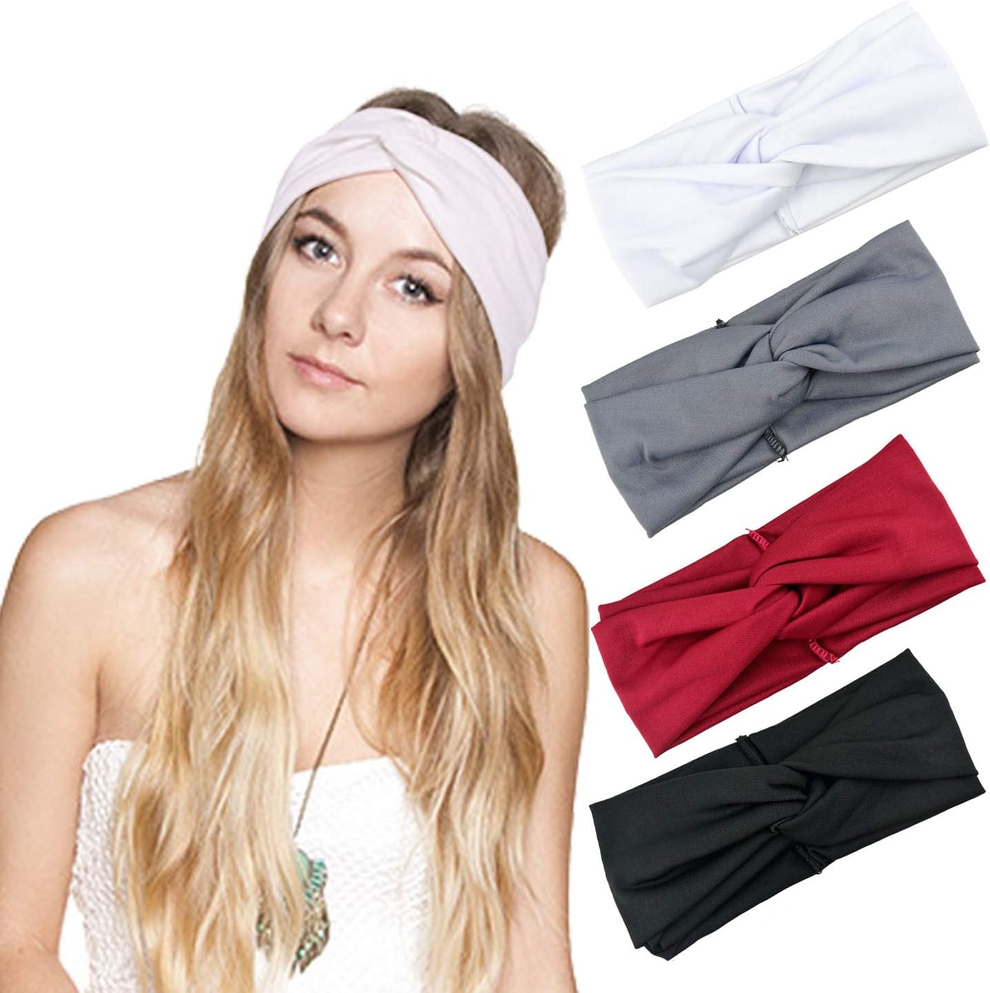 DRESHOW 4 Pack Headbands for Women Yoga Knotted Headbands Elastic Criss Cross Hair Accessories Sports Head Wrap Non Slip