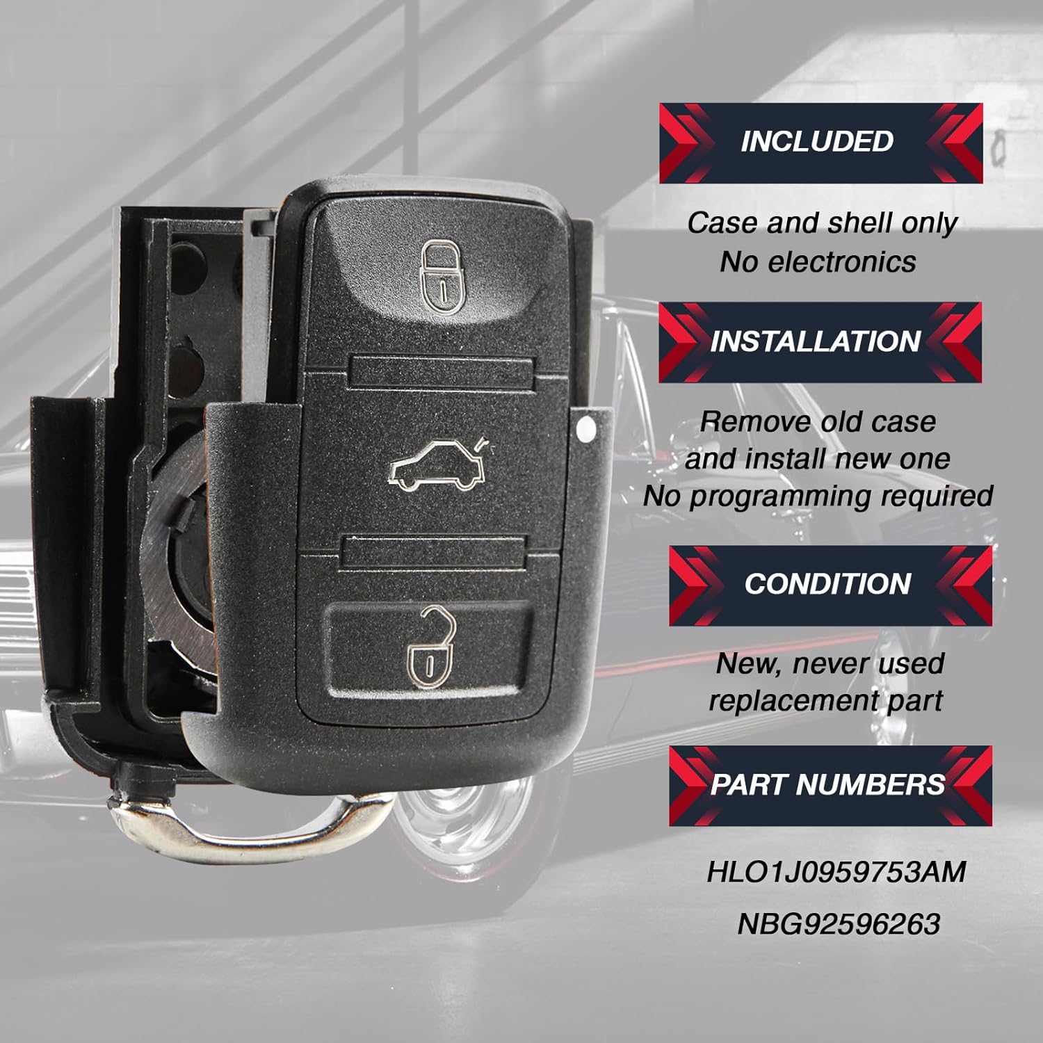 Flip Key Fob Keyless Entry Remote Shell Case & Pad fits VW Beetle Golf Jetta Passat 2002 2003 2004 2005 (HLO1J0959753AM)