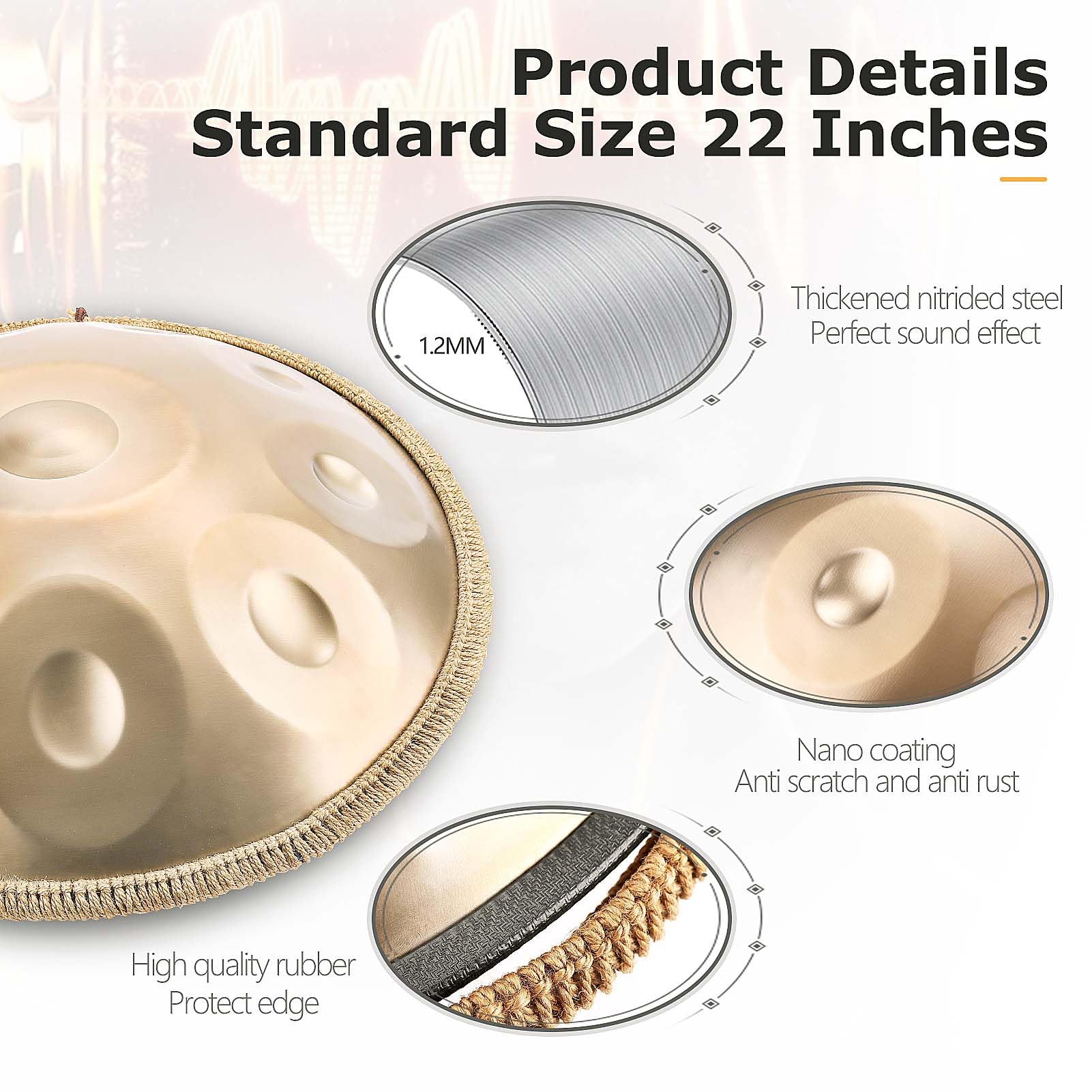 Handpan 432 Hz, 10 Töne 22 Zoll Steel Handpan Instrument, Gold Performer" in D Minor Zungentrommel, mit Handpan Weicher Tasche, Schlägeln, Handtrommelständer Für Anfänger, Profis, Musiktherapie