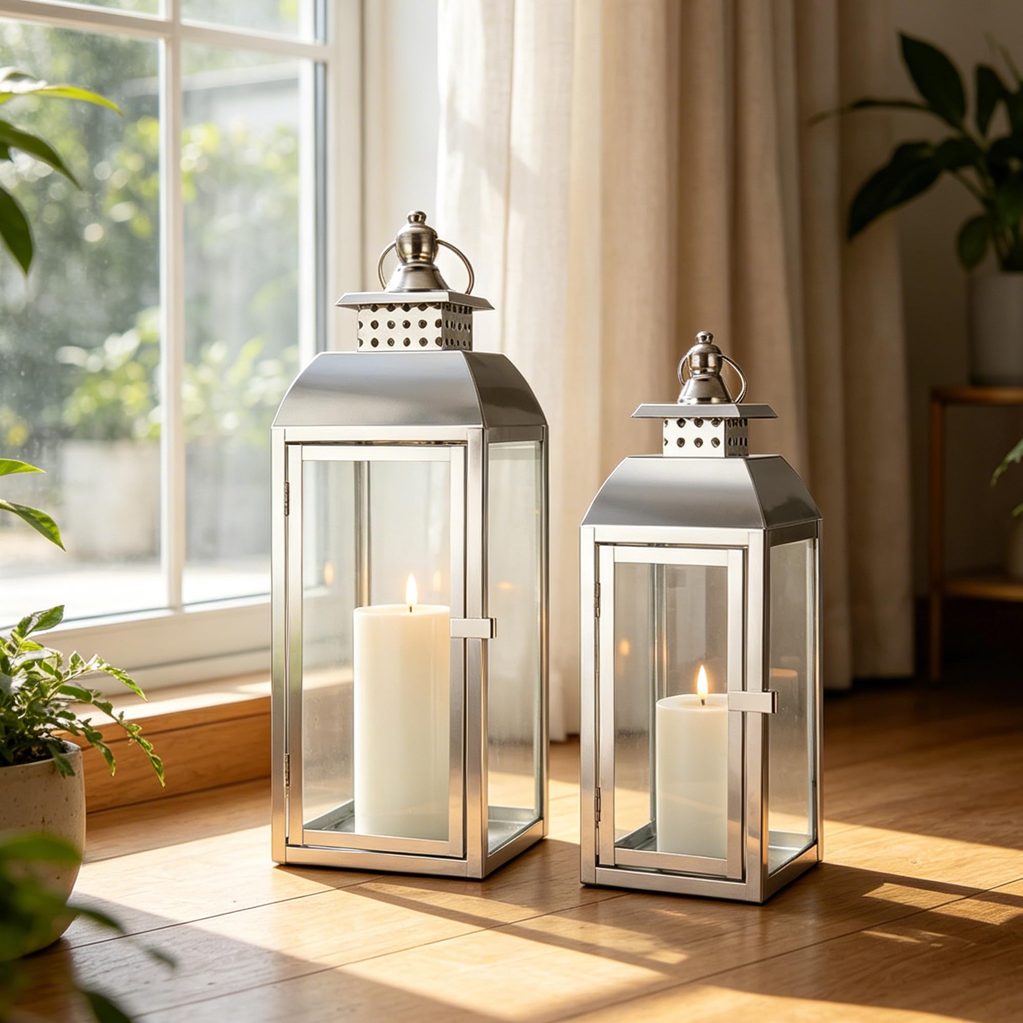 JHY DESIGN Edelstahl Hängende Kerzen Laternen, 52cm & 38cm Hoch 2er Set Pagode Kerzenlaternen Große Kerzenhalter für Indoor Party Hochzeit Wohnzimmer Graden Eingangsbereich Outdoor Balkon(Silber)