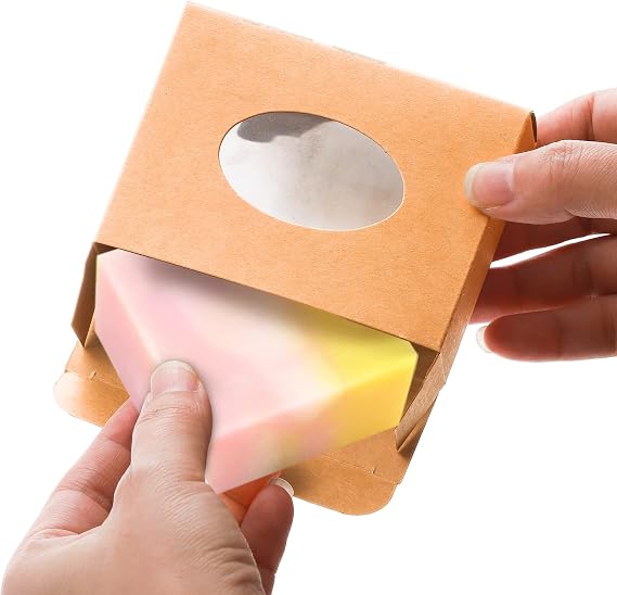 SOUJOY 100 Pack Kraft Soap Box, Paper Treat Boxes with Clear Window, Homemade Soap Making Supplies Packaging for Bakery, Candy, Jewelry, Party Treats. 9.7×7.1×3 cm