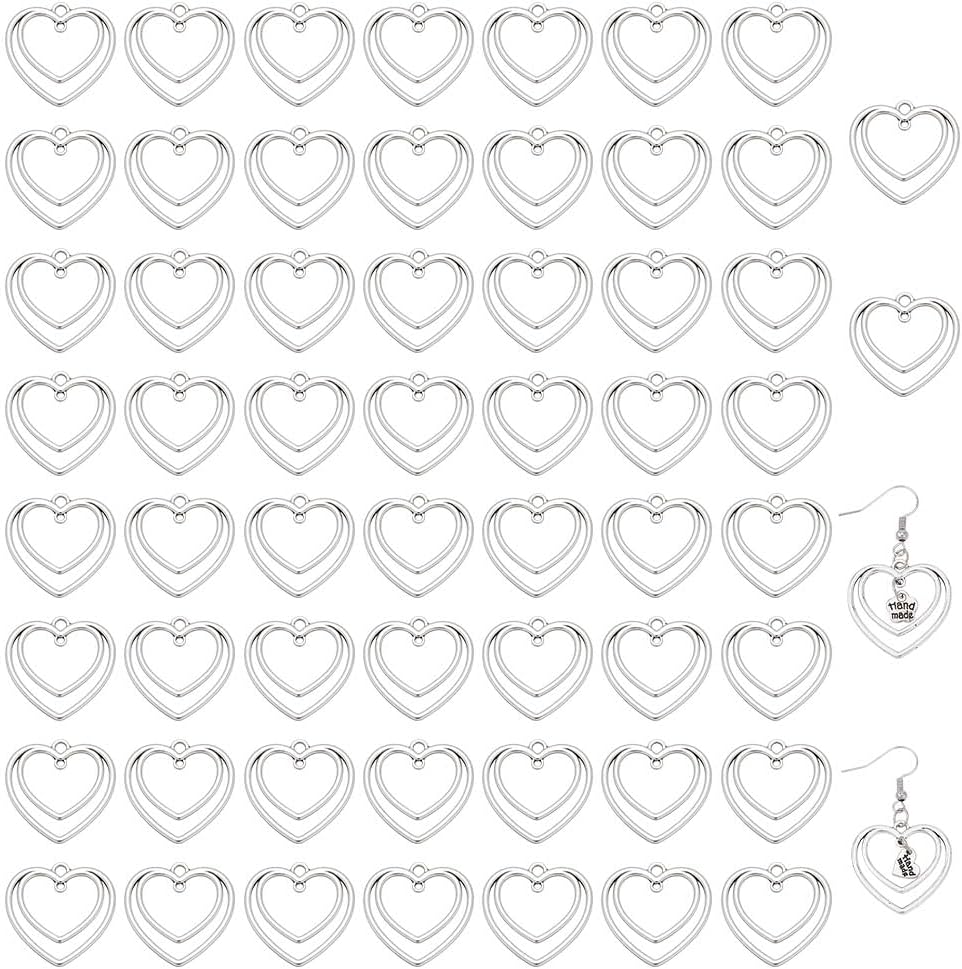 FINGERINSPIRE 60PCS Alloy Silver Open Bezel Pendants 1inch Tibetan Style Double Heart Charm Blank Frame Hollow 2-Loop Heart Links Connector Charms for Necklace Bracelet Earring Making Drip Frame