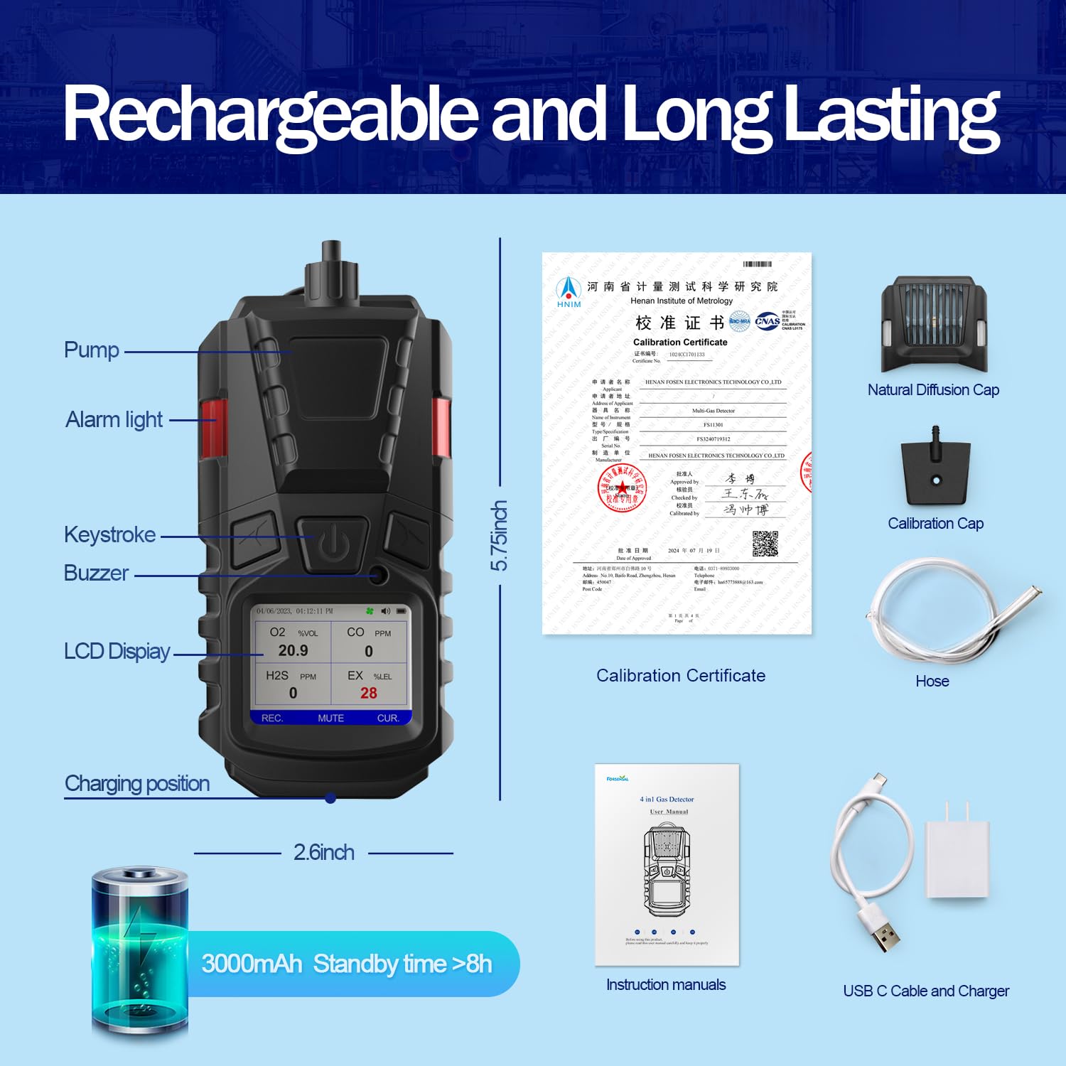 Gasmelder mit Pumpe, 4 Gasmonitor Multi Gasdetektor CO EX O2 H2S Meter | 3000 mAh wiederaufladbarer 4-Gasmonitor mit Kalibrierungsset, tragbares LCD-Display mit Clip, Kanalgasdetektor, 4 Gaszähler