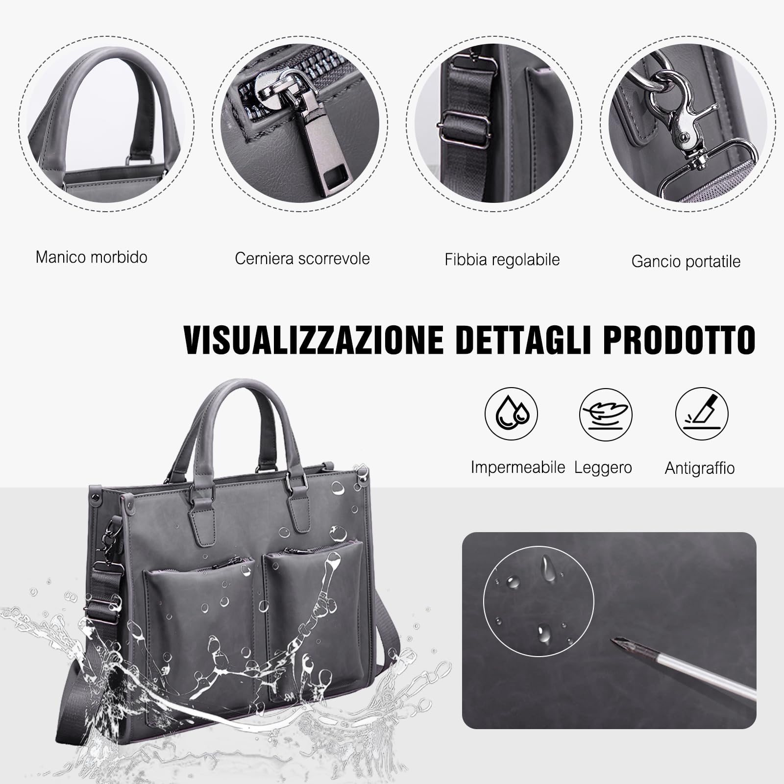 FANDARE Borsa Ventiquattrore 24 Ore Cartella Uomo Opaco Pelle Borse mano