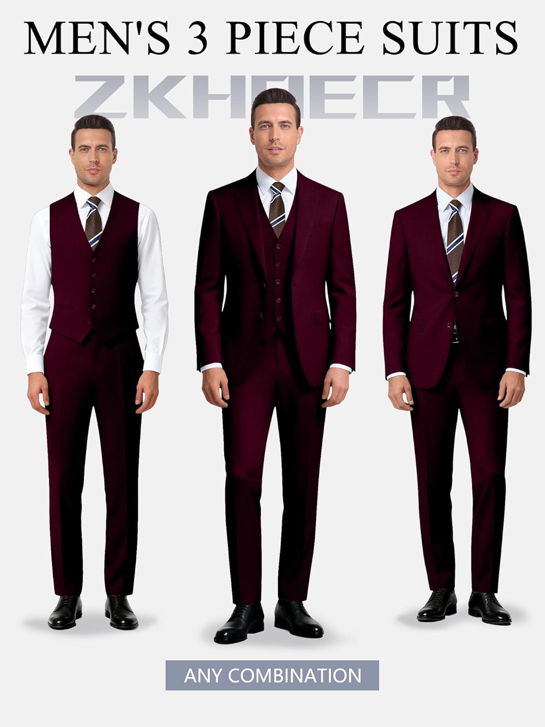 Men's 3 Piece Slim Fit Suit Set, Two Button Blazer Solid Jacket Vest Pants Wedding Business Suit
