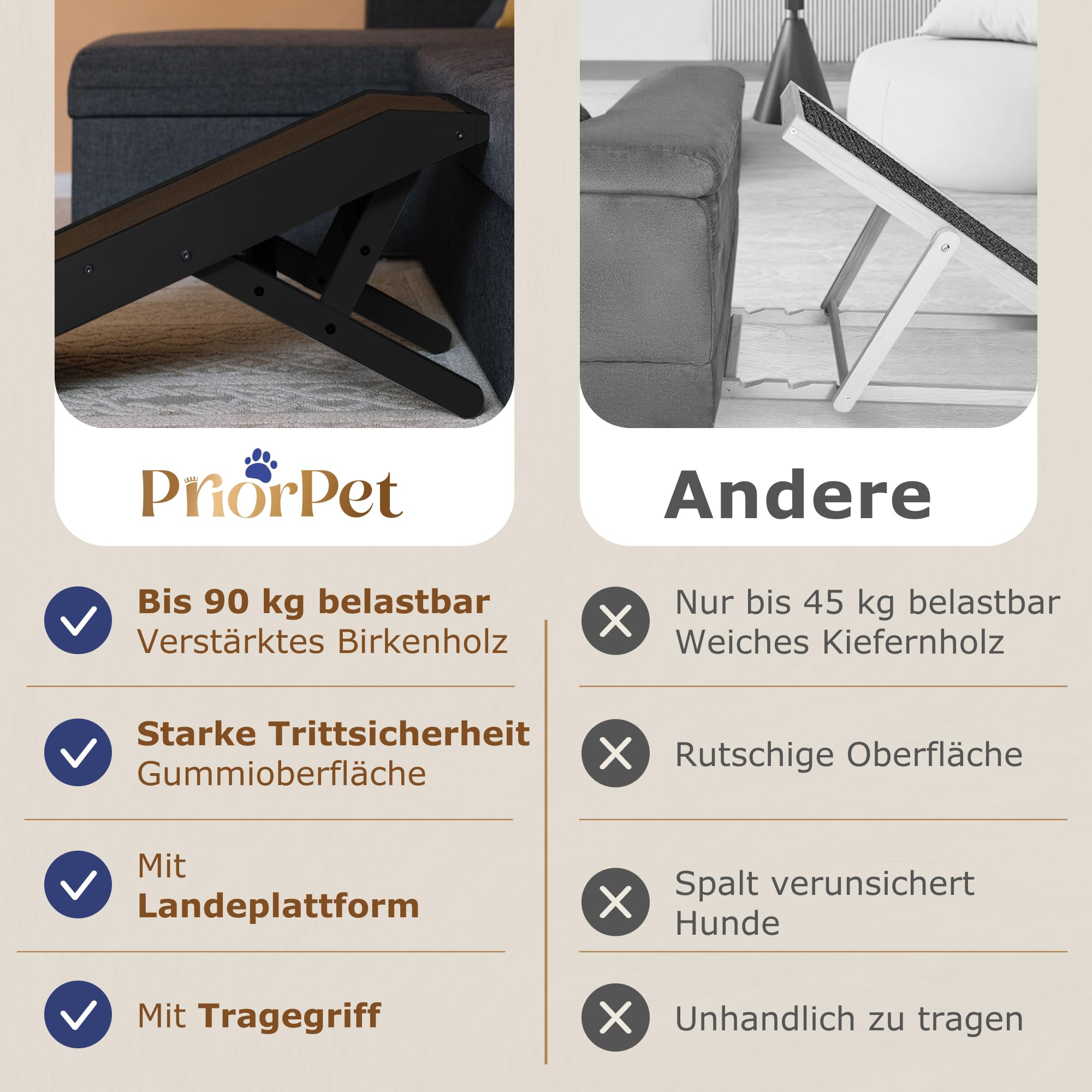 Hunderampe - Hundetreppe für kleine Hunde und große Hunde - Einstellbar 18-53 cm - Für Bett Sofa - Birkenholz - Landeplattform schließt nahtlos an - Rampe Hund Klappbar - Anti-rutsch Einsatz Schwarz