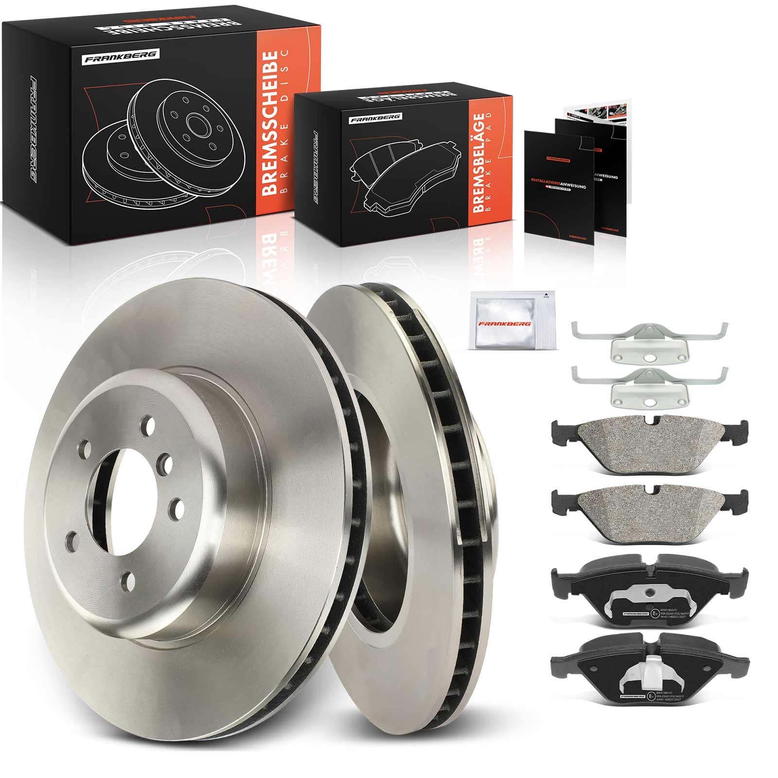 Frankberg 2 discos de freno + 4 pastillas de freno con lubricante de freno delantero izquierdo y derecho. Compatible con 5 series E60 525 530 540 545 550 2002-2010 6er E63 630 645 650 Replace #