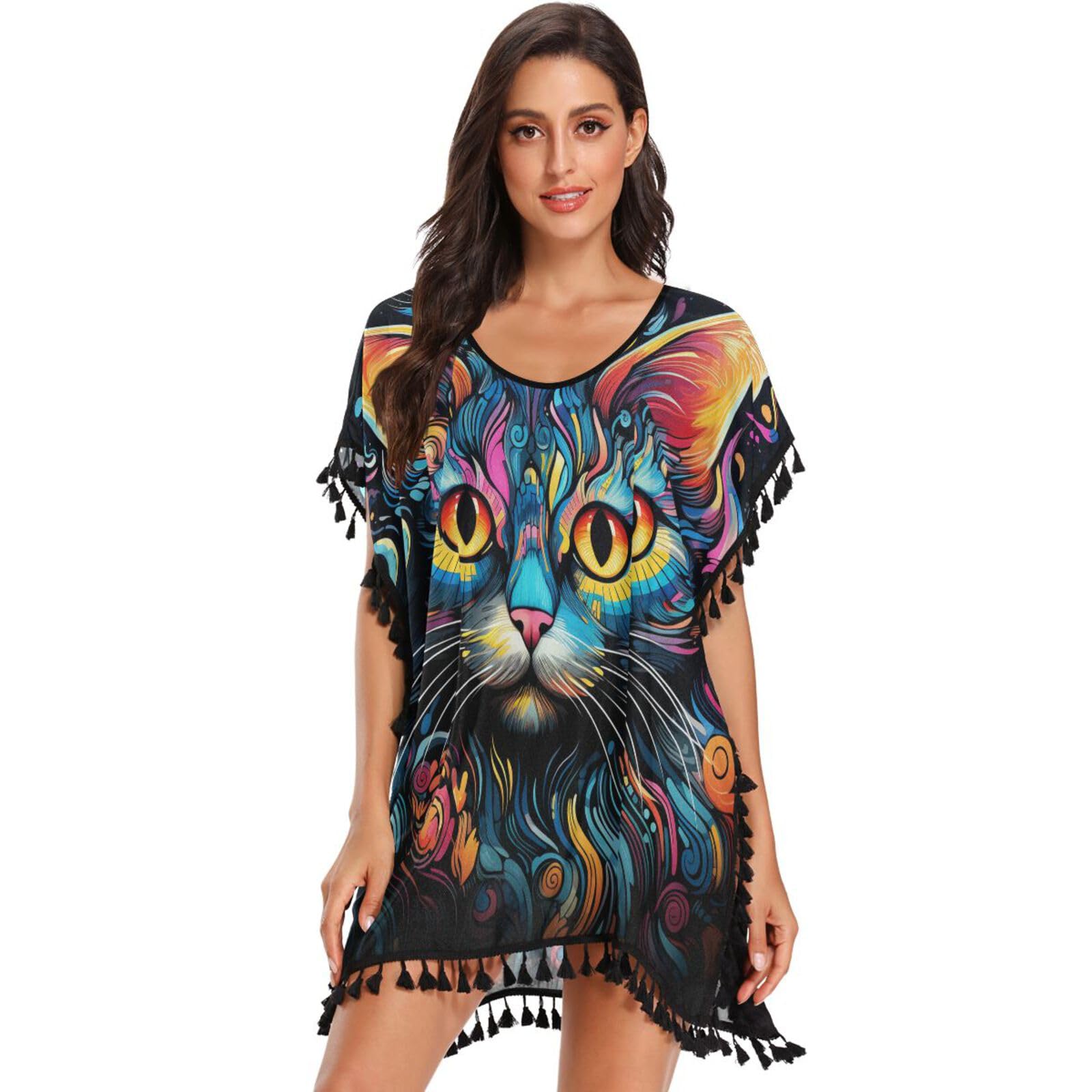 Colorful Art Cat Blue Kitty Women's Beach Cover Up Chiffon Tassel Swimwear Swimsuit Coverups for Girl
