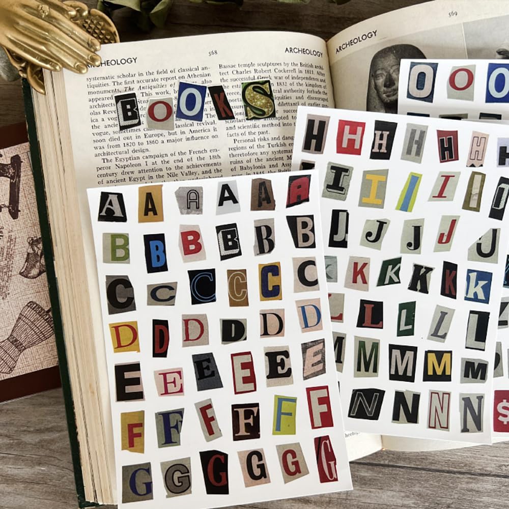 181pcs / 4 Sheets English Alphabet Number Symbol Label Sticker Pack Vintage Scrapbook Stickers Aesthetic Journaling Sticker Letters Junk Journal Scrapbook Supplies Kit Letter Stickers for Scrapbooking image 3