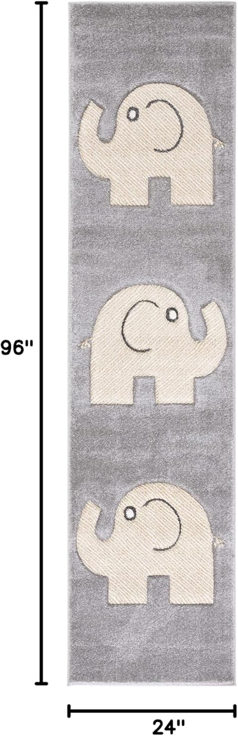 SAFAVIEH Carousel Kids Collection Runner Rug - 2' x 8', Grey & Ivory, Elephant Design, Non-Shedding & Easy Care, Ideal for High Traffic Areas for Boys & Girls in Playroom, Nursery, Bedroom (CRK165B)