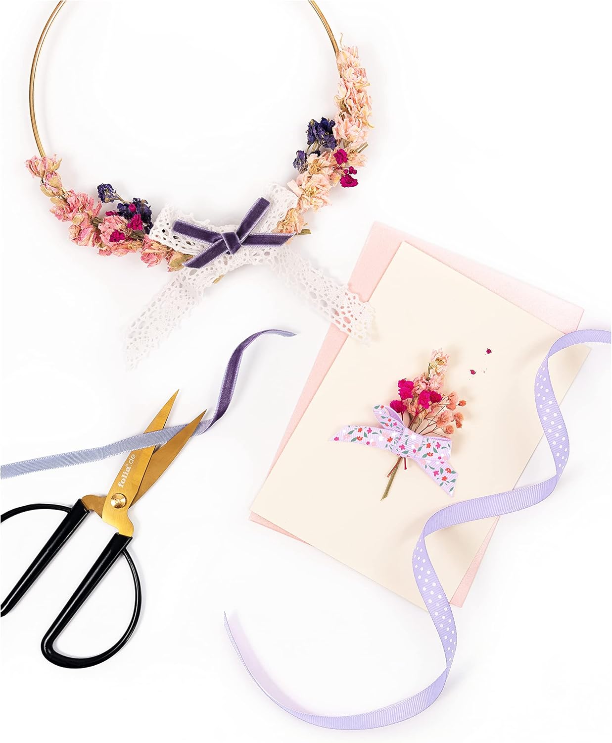 Folia Sweet Bouquet 12022 Fabric Mix with 6 Different Ribbons in Pink, Purple and White, Craft Set for Decorating and Design, Multicoloured