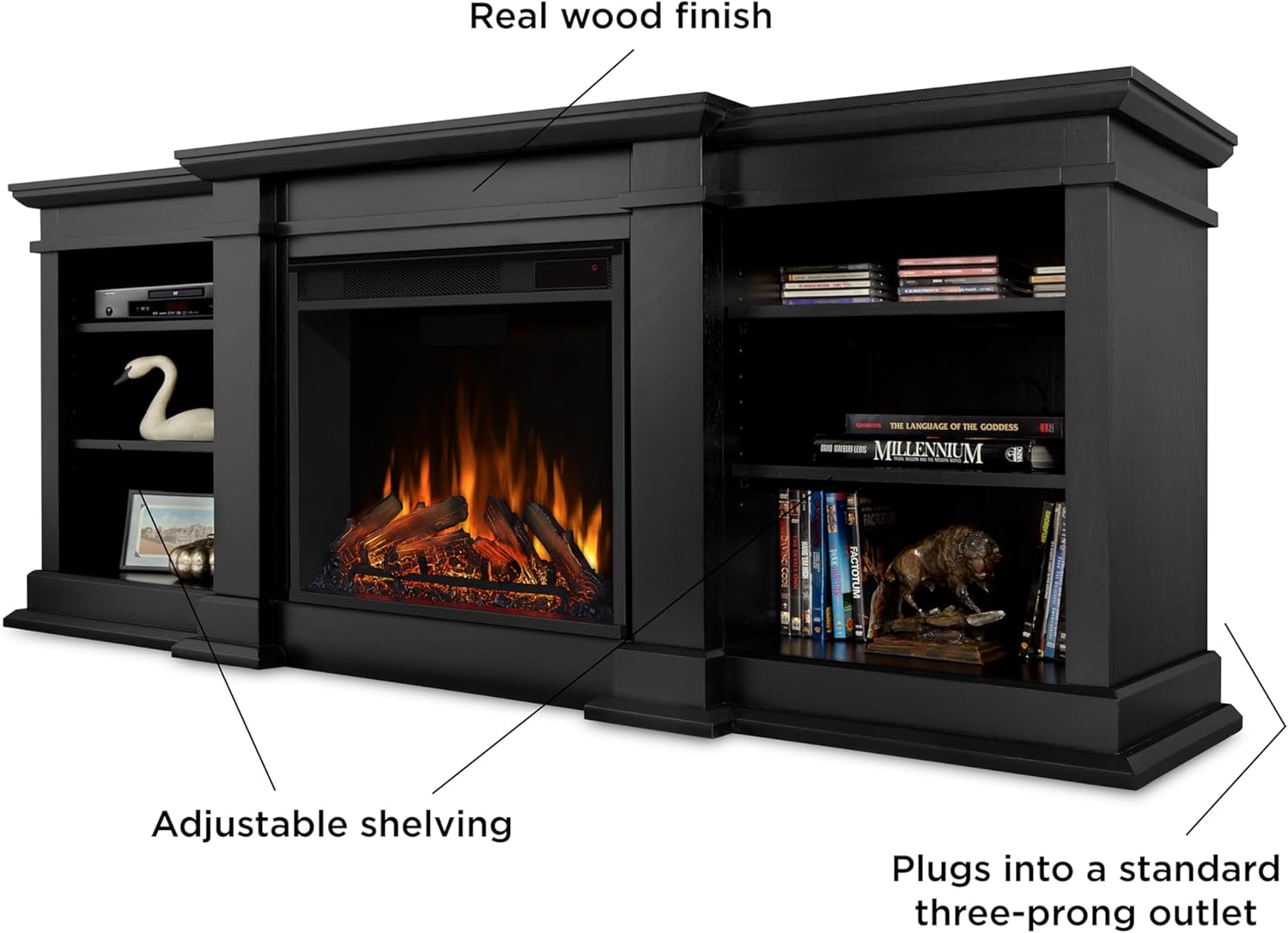 Real Flame Fresno 72" TV Stand with Electric Fireplace in Black, Entertainment Center with Electric Fireplace, Living Room TV Stand with Fireplace, fits up to 70" TV