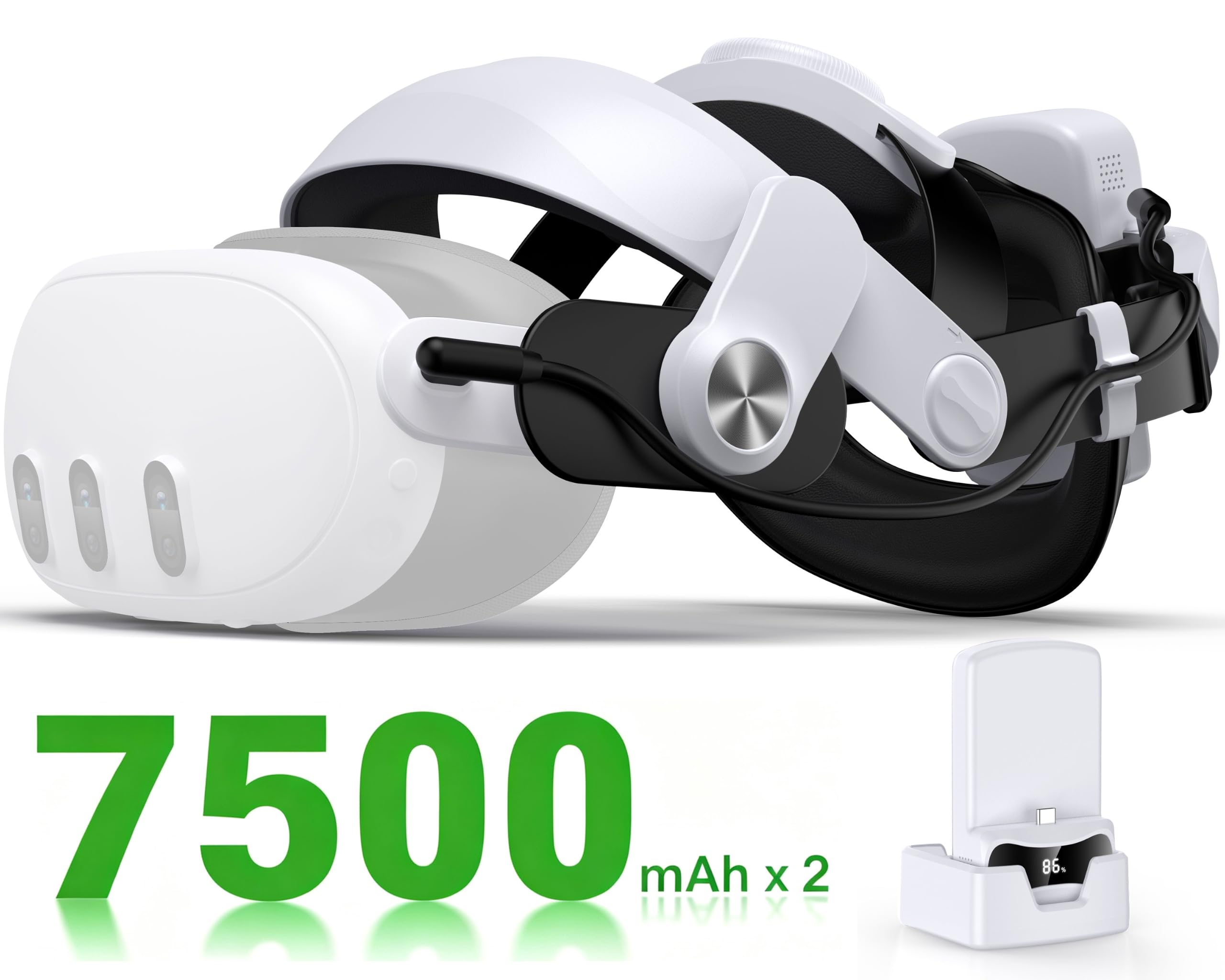 Head Strap for Meta Quest 3/3S/2 with 7500mAh×2 Hot-Swappable Battery, VR Headset Strap Enhanced Support and Comfort, Adjustable VR Headset Accessories for Oculus - MQ3002
