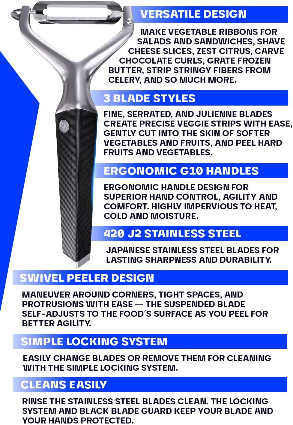 DALSTRONG Razor VX - Y Peeler - High Carbon Stainless Steel - Non Slip G10 Handle - Fine, Serrated & Julienne Blades Set - Premium Vegetable, Fruit, Potato Peeler for Kitchen