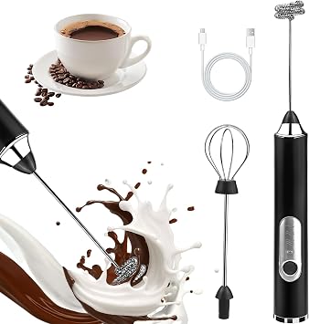 Handheld Milk Frother, rechargeable milk frother with 2 Stainless Steel Whisks 3 Speeds Electric Drink Mixer, Coffee Mixer Wand for Latte, Cappuccino, Matcha, Hot Chocolate, Egg Black