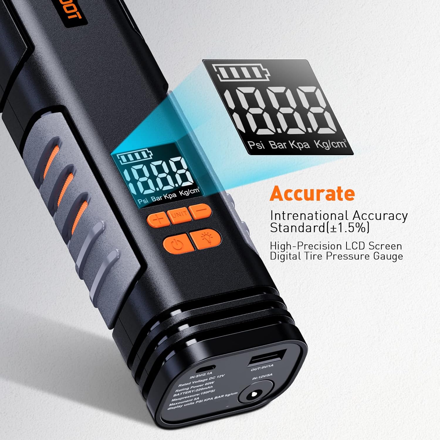 Close-up of the ENGiNDOT Tire Inflator's accurate LCD display