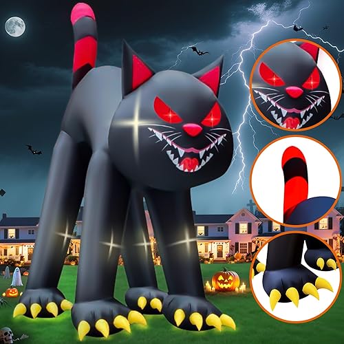 Miniatura 4 de Kalolary - Decoraciones inflables de Halloween de 6.1 metros para exterior, gato negro malvado gigante con luces LED integradas, decoración
