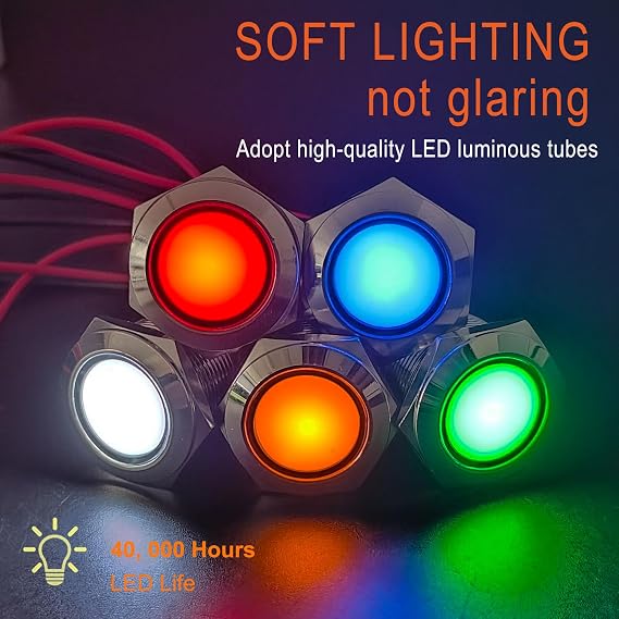 2PCS 22mm Metal Indicator Light Mounting Hole 7/8, 110-220VAC 20mA Waterproof IP67 Single lamp LED Pilot Lamp Flat Head with 20cm/7.87in. Wire for Car Truck Boat(White LED)