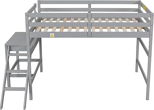Miniatura 6 de CITYLIGHT Cama alta matrimonial con plataforma y escalera, cama baja de madera para niños, cama alta junior tamaño matrimonial con amplio espacio