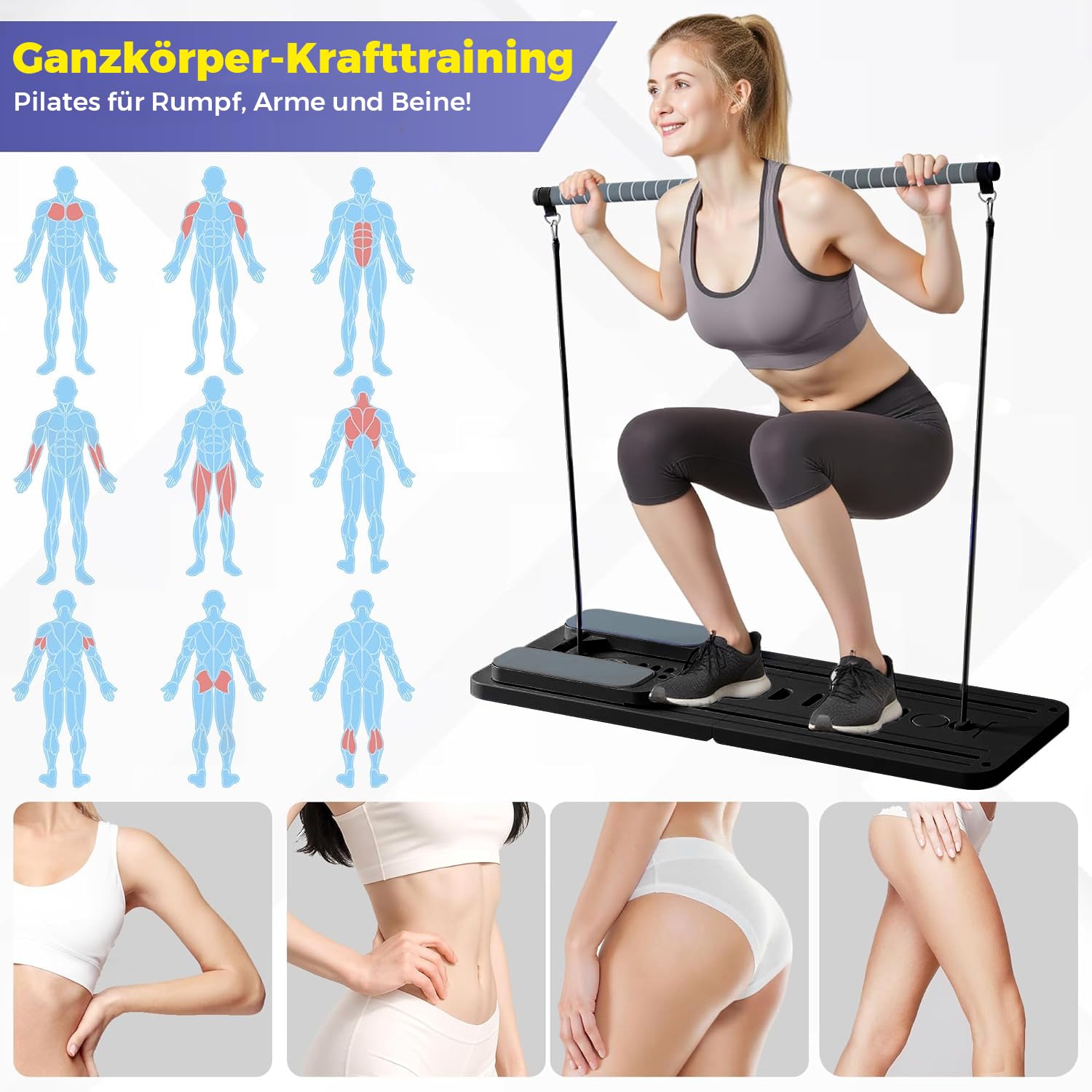 SPYLAVE Pilates Board Upgraded, 6-in-1 Faltbare Pilates Reformer Maschine für Training zu Hause, Multifunktionales Ganzkörper-Trainingsgerät mit Verlängerte Ellbogenschützer und Pilates-Bar