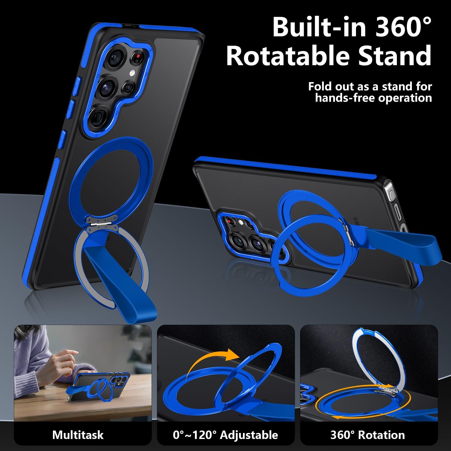 TIANNIUKE for Samsung Galaxy S25 Ultra Case 360°Rotatable Magnetic Ring Holder Stand with Silicone Strap, Fit for MagSafe Mil-Grade Shockproof Translucent Matte Phone Cases for S25 Ultra (Blue)