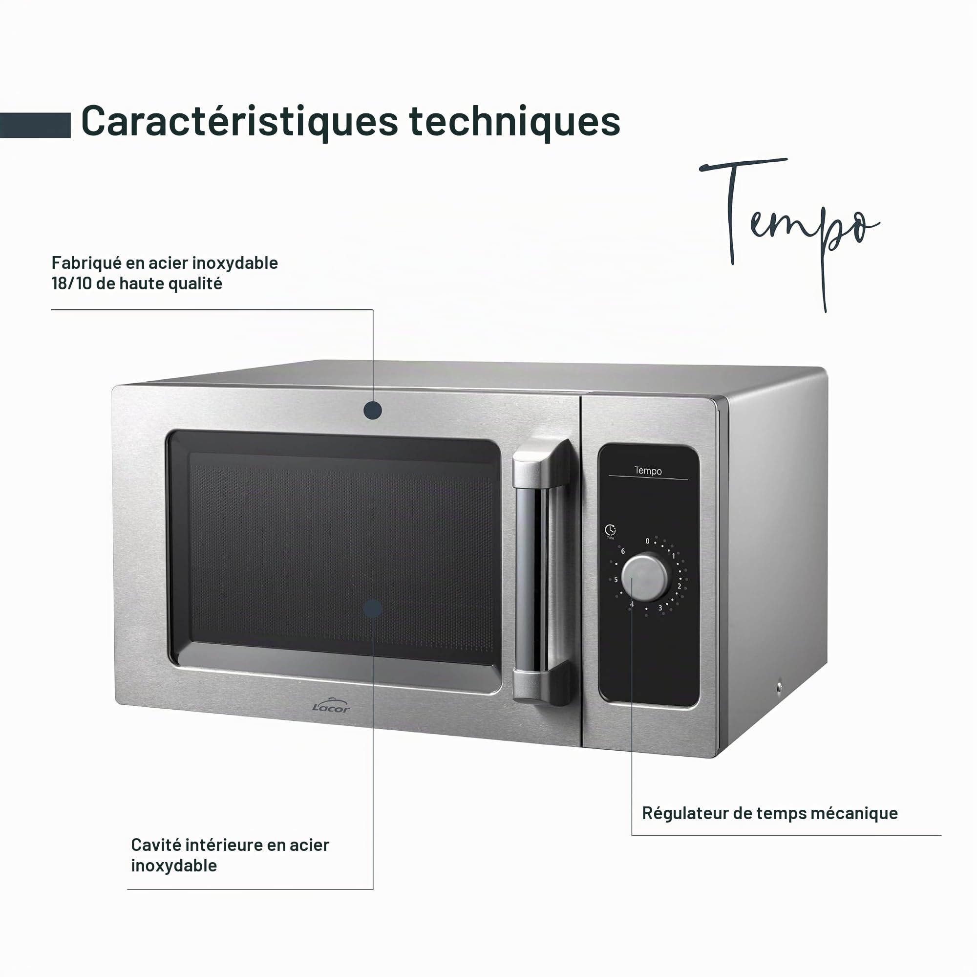Lacor - 69329 - Micro-ondes Tempo, Inox 18/10, Chauffage Homogène, 1550 W, Usage Professionnel, Cavité Intérieure Inox, Adapté aux Grands Plats, 51x43x31 cm