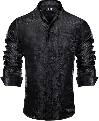 Hi-Tie Camisa de vestir con cuello de banda para hombre, con botones, casual, manga larga, ajuste regular, para baile de graduación, boda, negocios