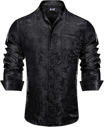 Hi-Tie Mens Band Collar Shirt Button Down Casual Long Sleeve Regular Fit Dress Shirt Prom Wedding Business