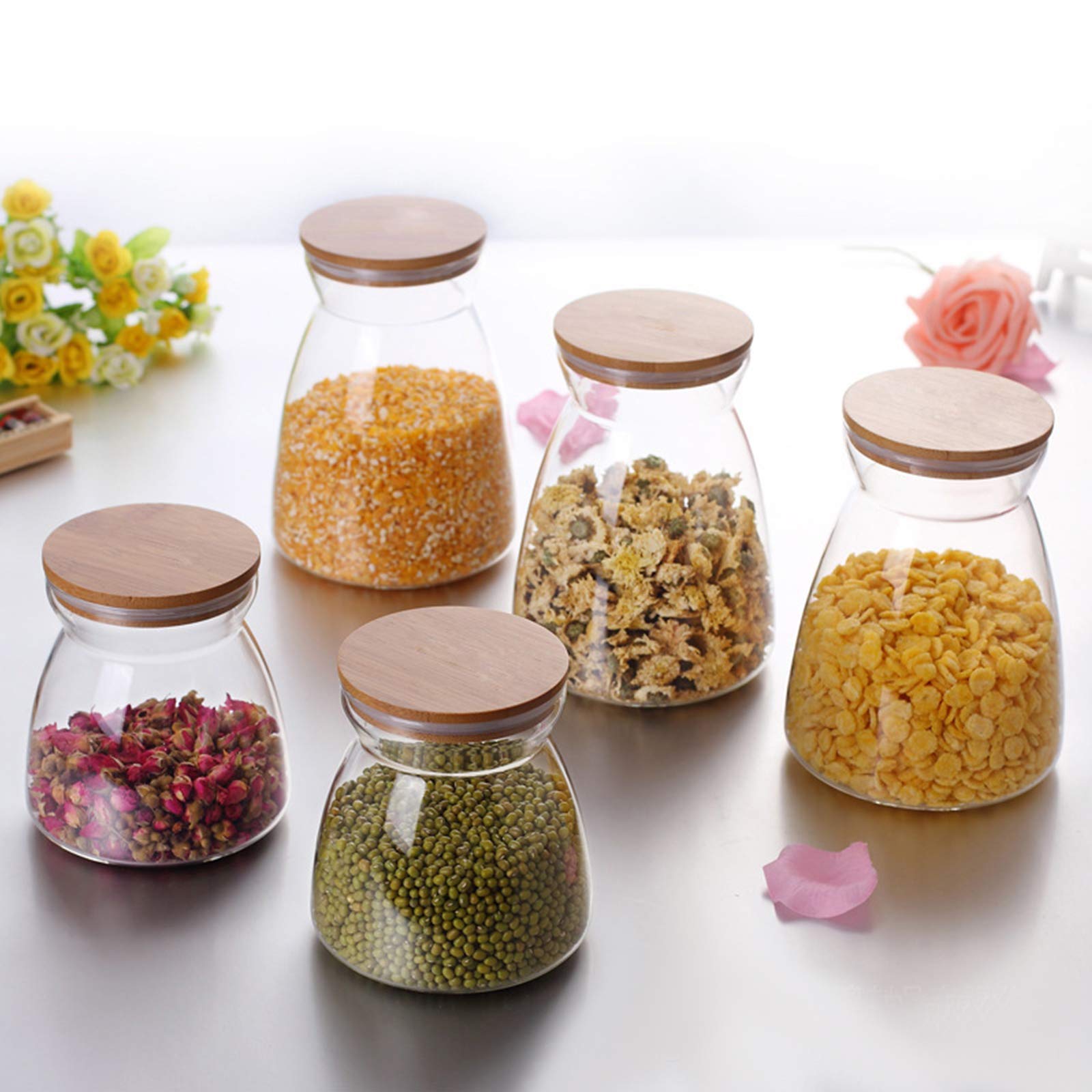 2 botes de cristal con tapa hermética de bambú transparente para almacenamiento de alimentos para frutos secos, café, granos de harina, cereales, avena, azúcar y té (700 ml)