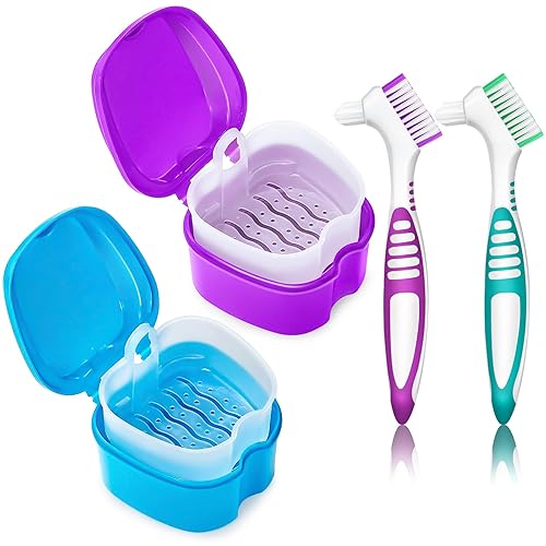 Paquete de 2 tazas para dentaduras postizas, soporte de baño para dentaduras con cesta coladora, estuche limpiador de retenedores dentales,