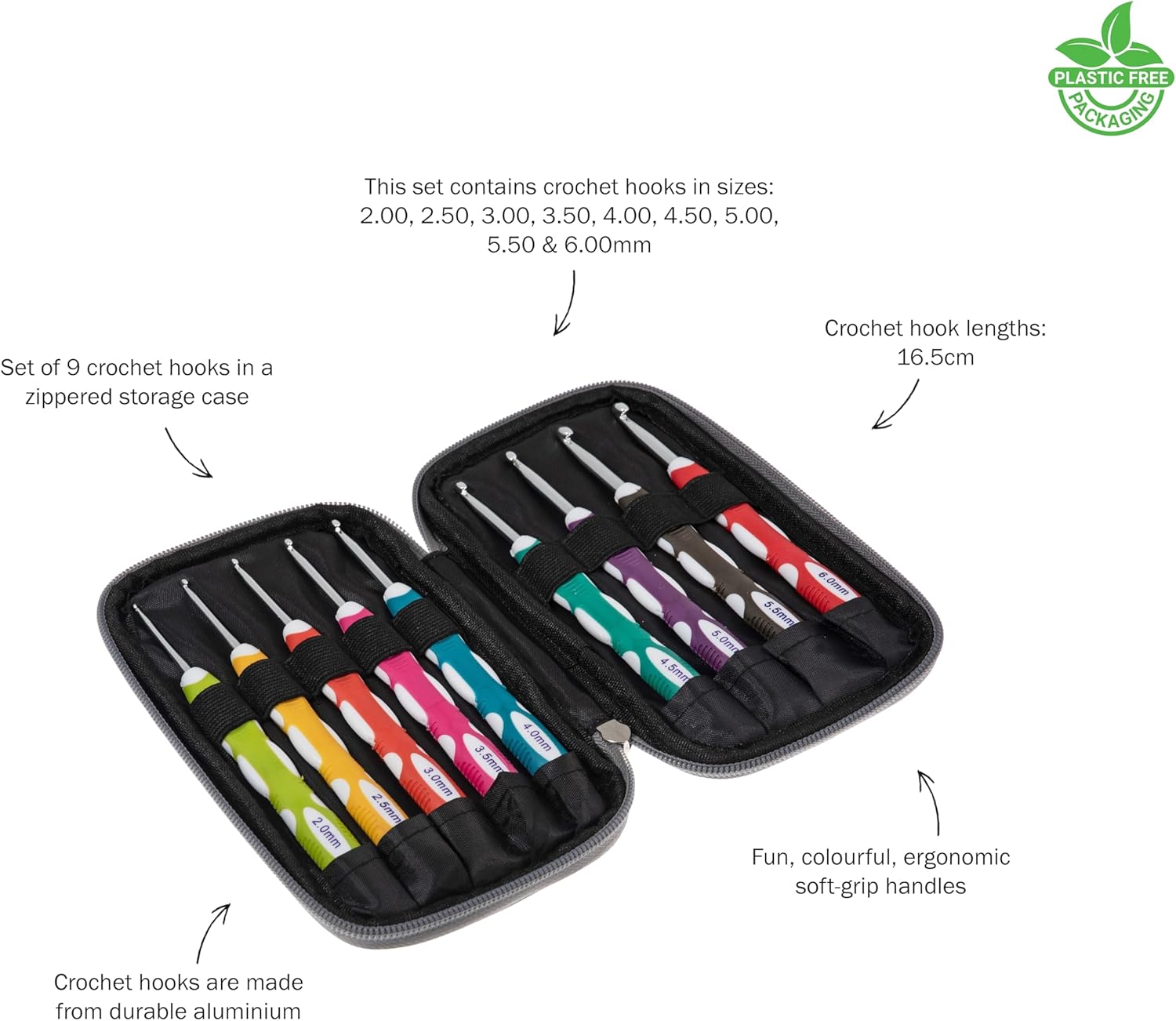 Milward Crochet Hook Set - Soft Grip Colour Coded Handles 2,2.5,3,3.5,4,4.5,5,5.5 and 6mm, 100% Cotton Hard Zippered Case, Grey